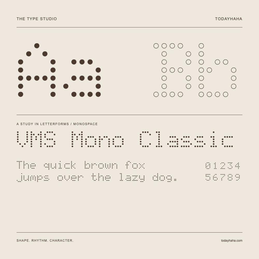 VMS Mono Classic — Buchstabenstudie mit Beispielsatz und Ziffern