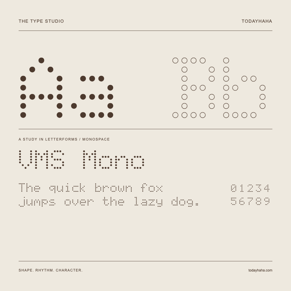 VMS Mono — Buchstabenstudie mit Beispielsatz und Ziffern