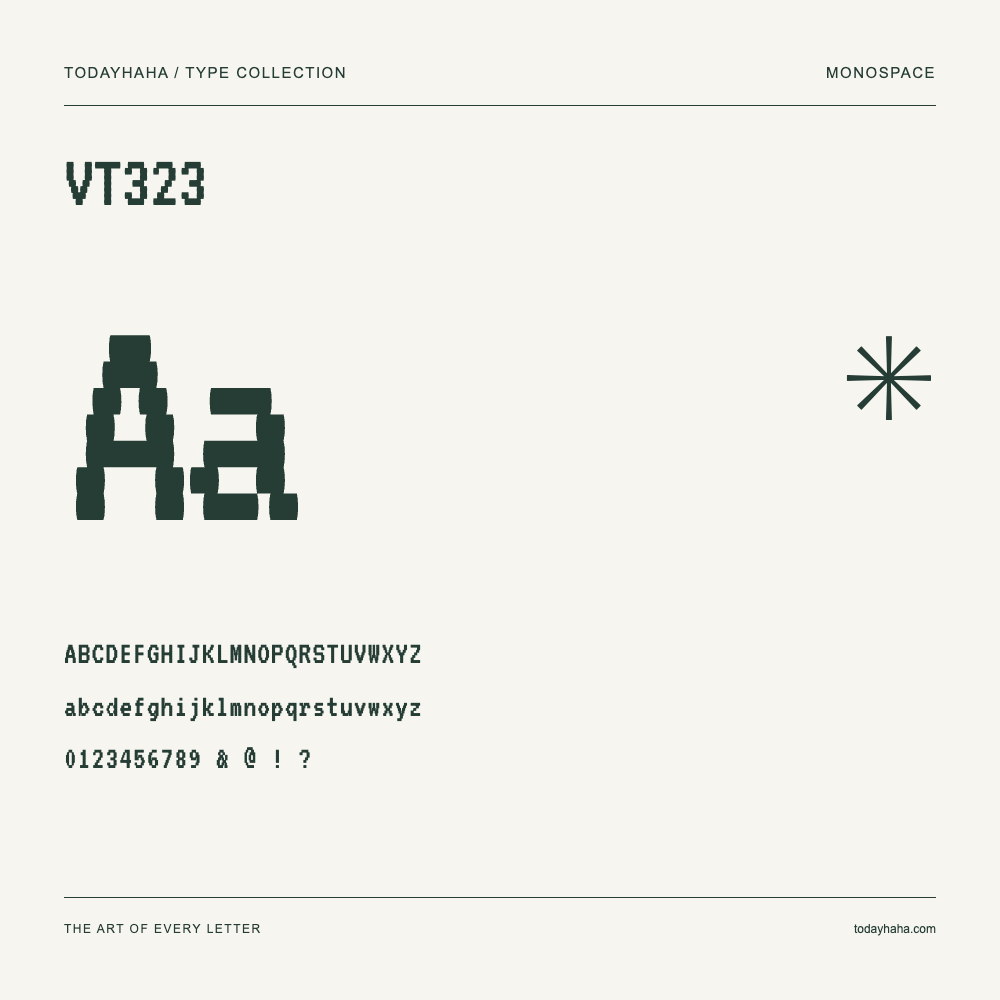 VT323 — Font specimen with uppercase and lowercase letters and numbers