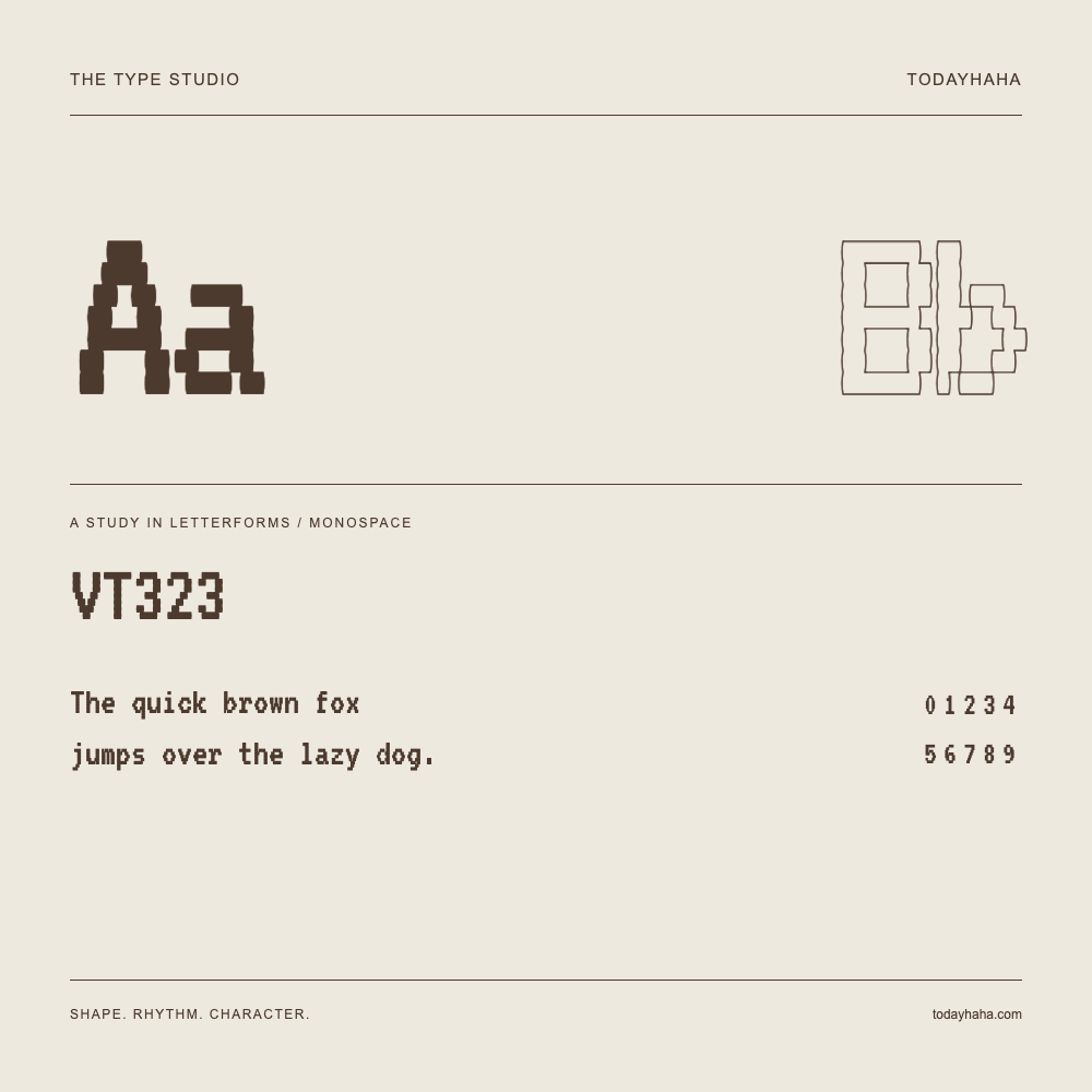 VT323 — Letterform study with sample sentence and numbers