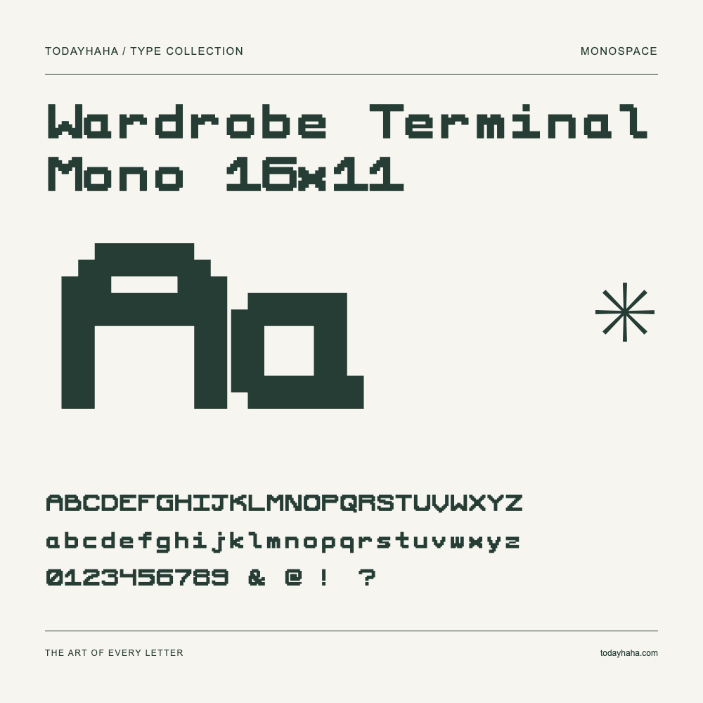 Wardrobe Terminal Mono 16x11 — Schriftmuster mit Großbuchstaben, Kleinbuchstaben und Ziffern