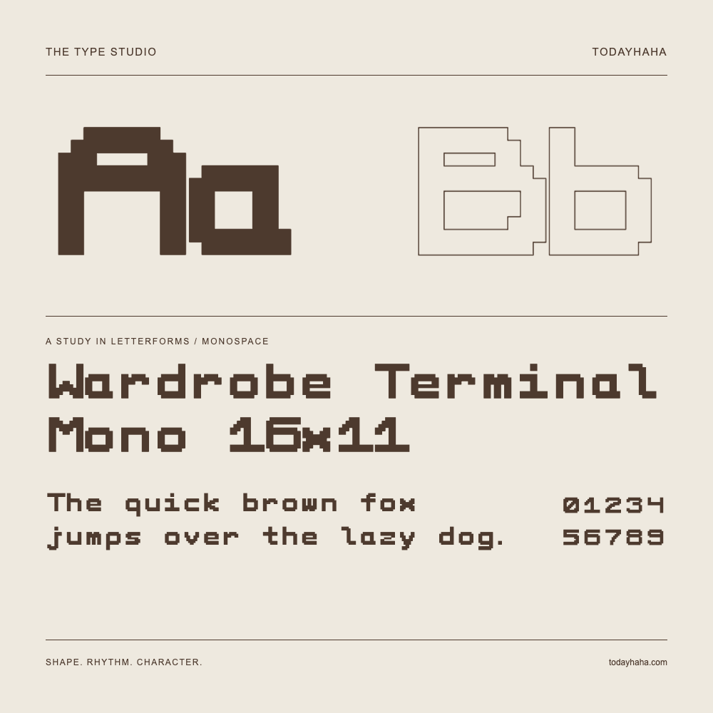Wardrobe Terminal Mono 16x11 — Buchstabenstudie mit Beispielsatz und Ziffern