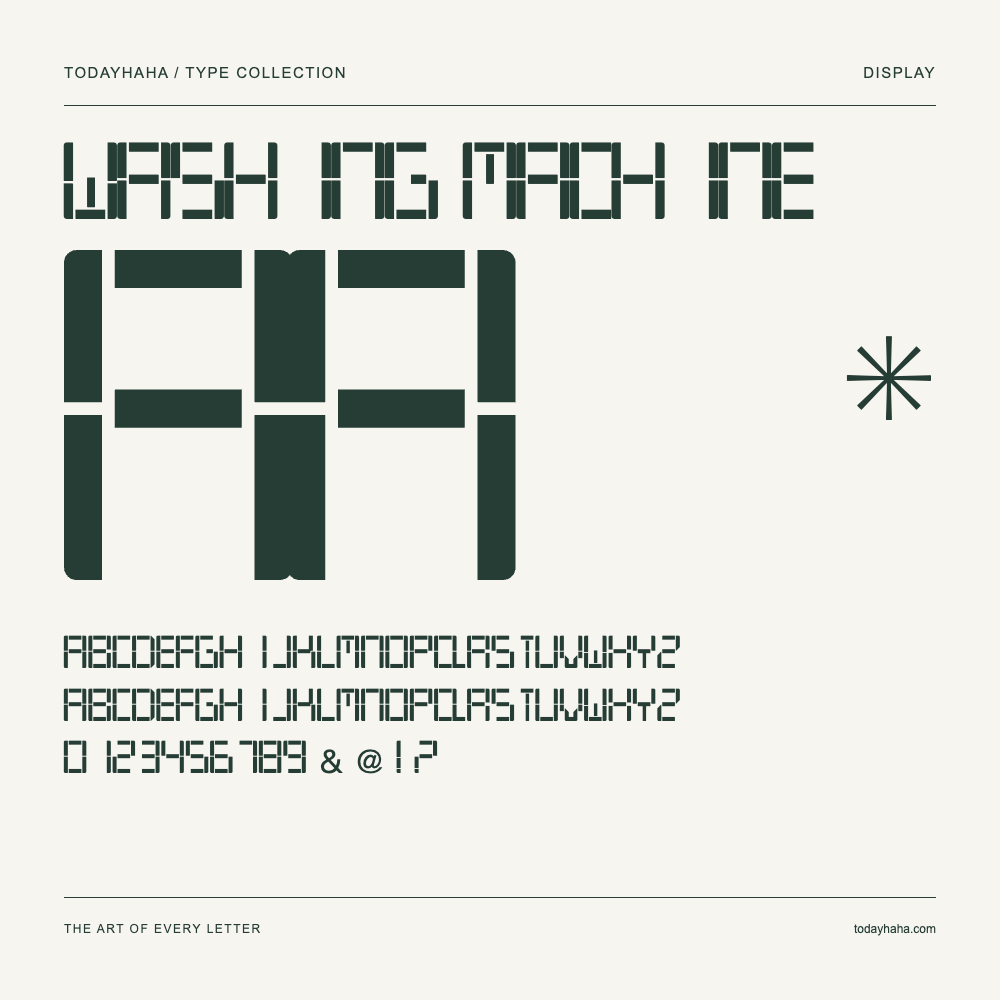 Washing Machine — Spécimen avec majuscules, minuscules et chiffres