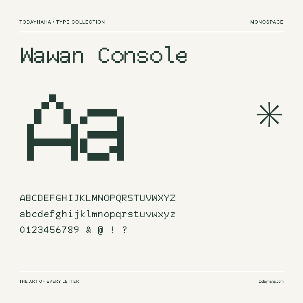 Wawan Console — Schriftmuster mit Großbuchstaben, Kleinbuchstaben und Ziffern