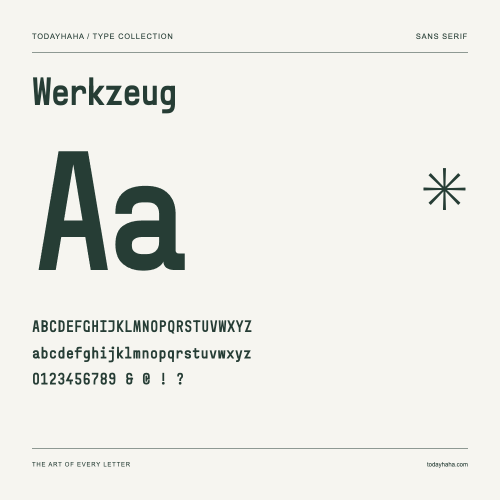Werkzeug — Spécimen avec majuscules, minuscules et chiffres