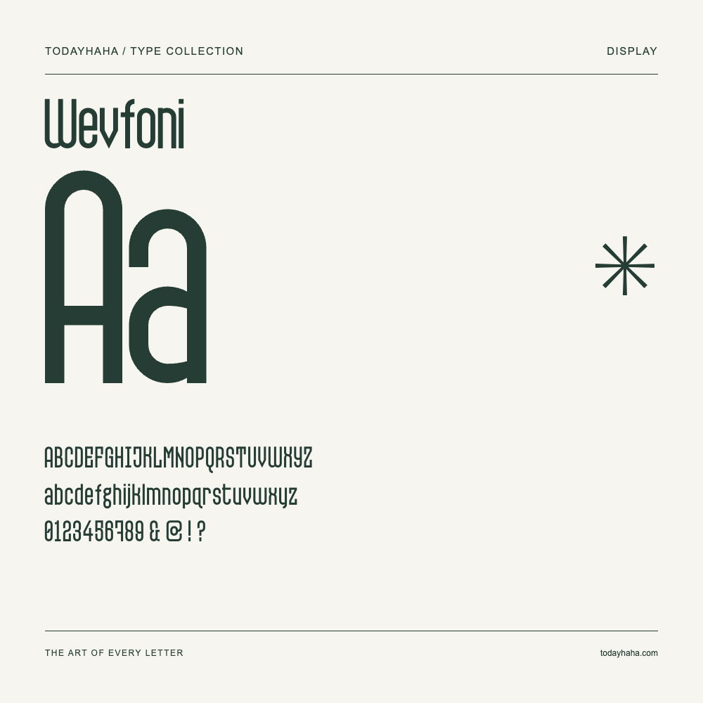 Wevfoni — Schriftmuster mit Großbuchstaben, Kleinbuchstaben und Ziffern
