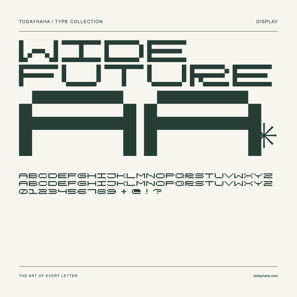 WIDE FUTURE — Schriftmuster mit Großbuchstaben, Kleinbuchstaben und Ziffern