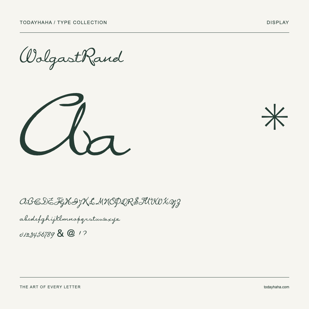 WolgastRand — Font specimen with uppercase and lowercase letters and numbers