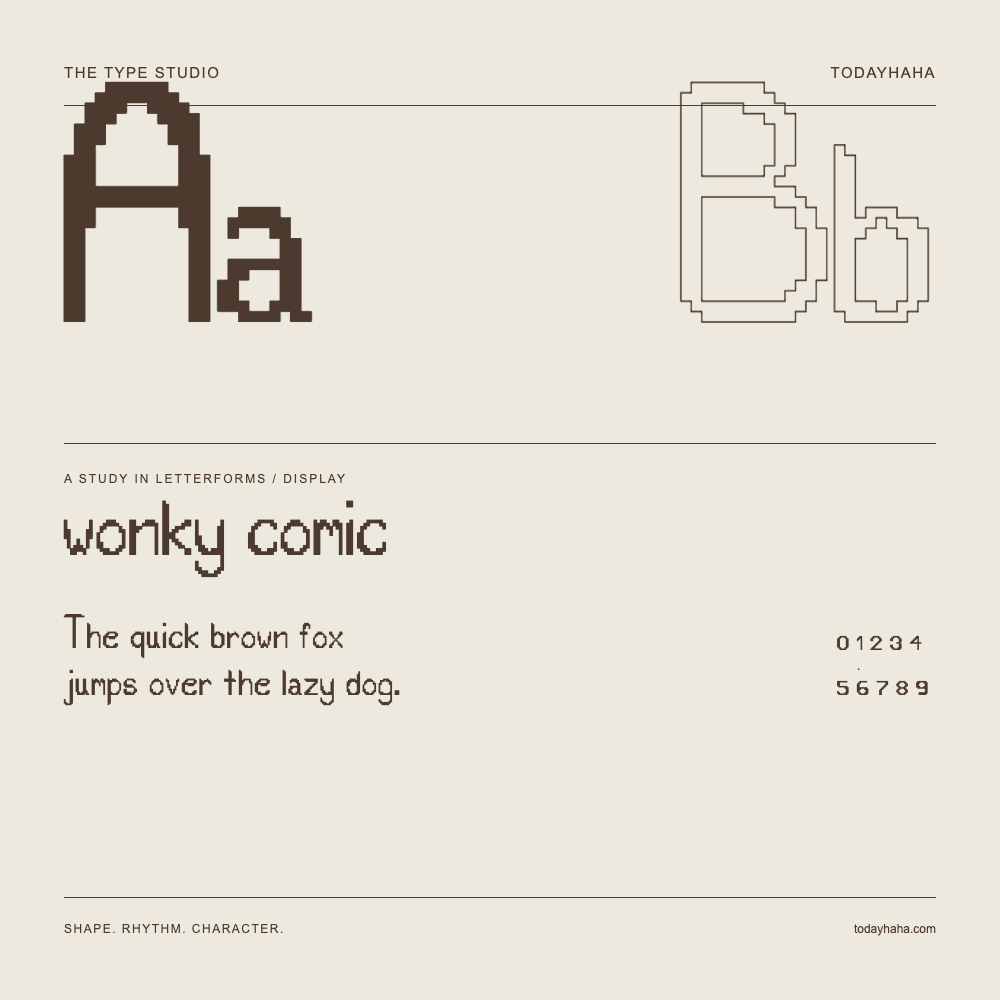 wonky comic — Buchstabenstudie mit Beispielsatz und Ziffern