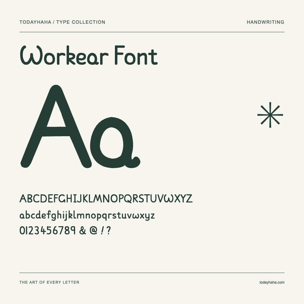 Workear Font — Font specimen with uppercase and lowercase letters and numbers