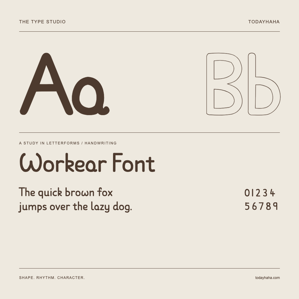 Workear Font — Letterform study with sample sentence and numbers