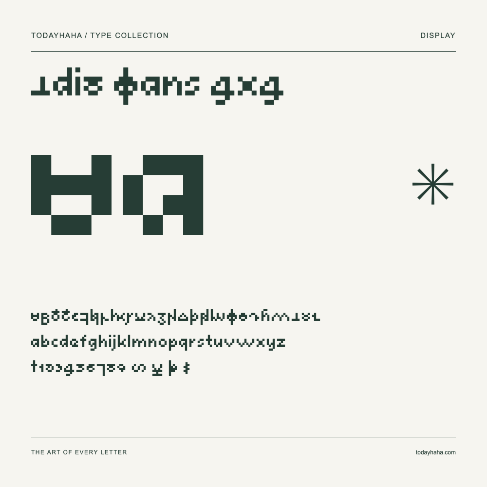 Xdi8 Sans 4x4 — Font specimen with uppercase and lowercase letters and numbers