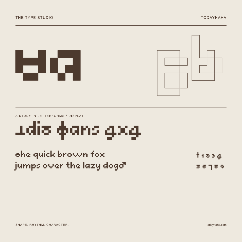 Xdi8 Sans 4x4 — Letterform study with sample sentence and numbers
