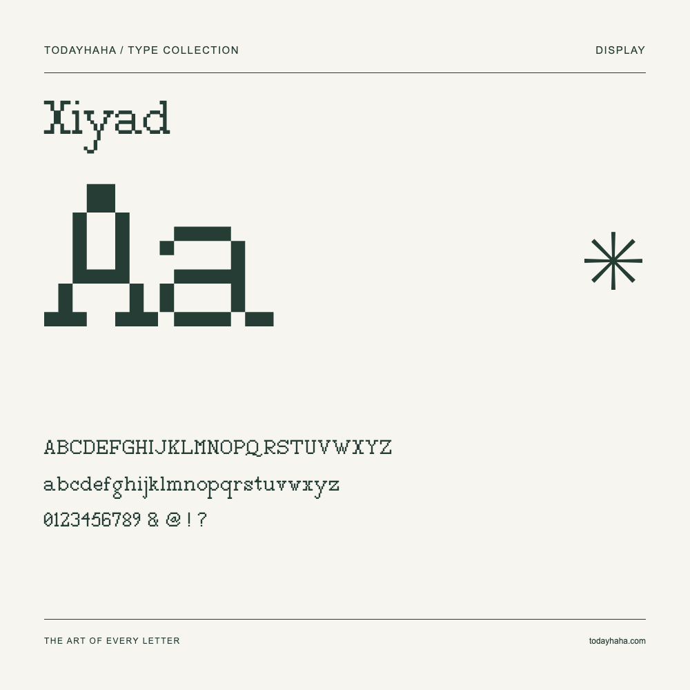 Xiyad — Schriftmuster mit Großbuchstaben, Kleinbuchstaben und Ziffern