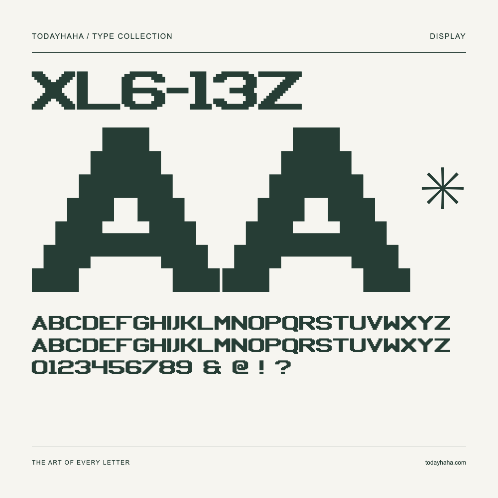 XL6-13Z — Spécimen avec majuscules, minuscules et chiffres