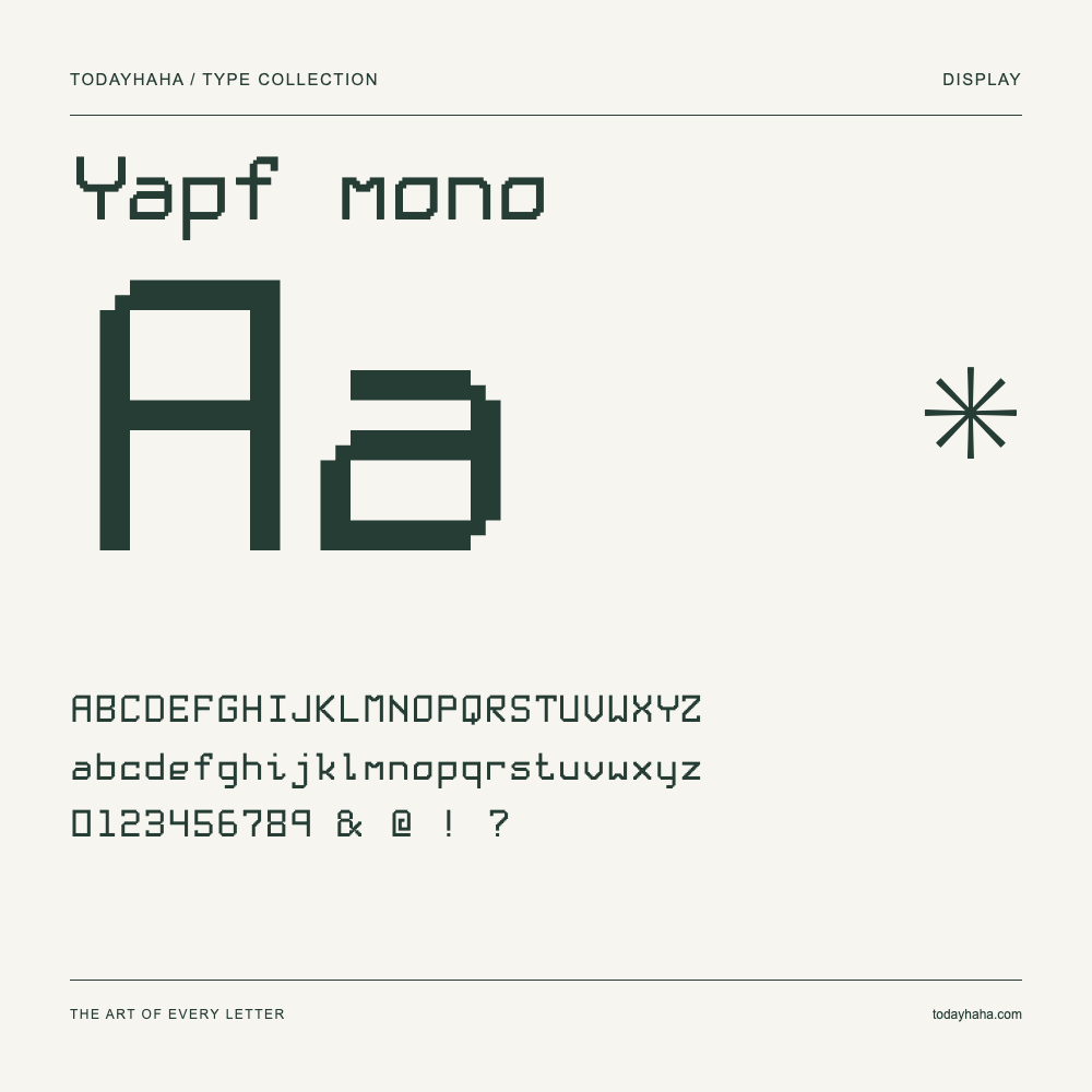 Yapf mono — Font specimen with uppercase and lowercase letters and numbers