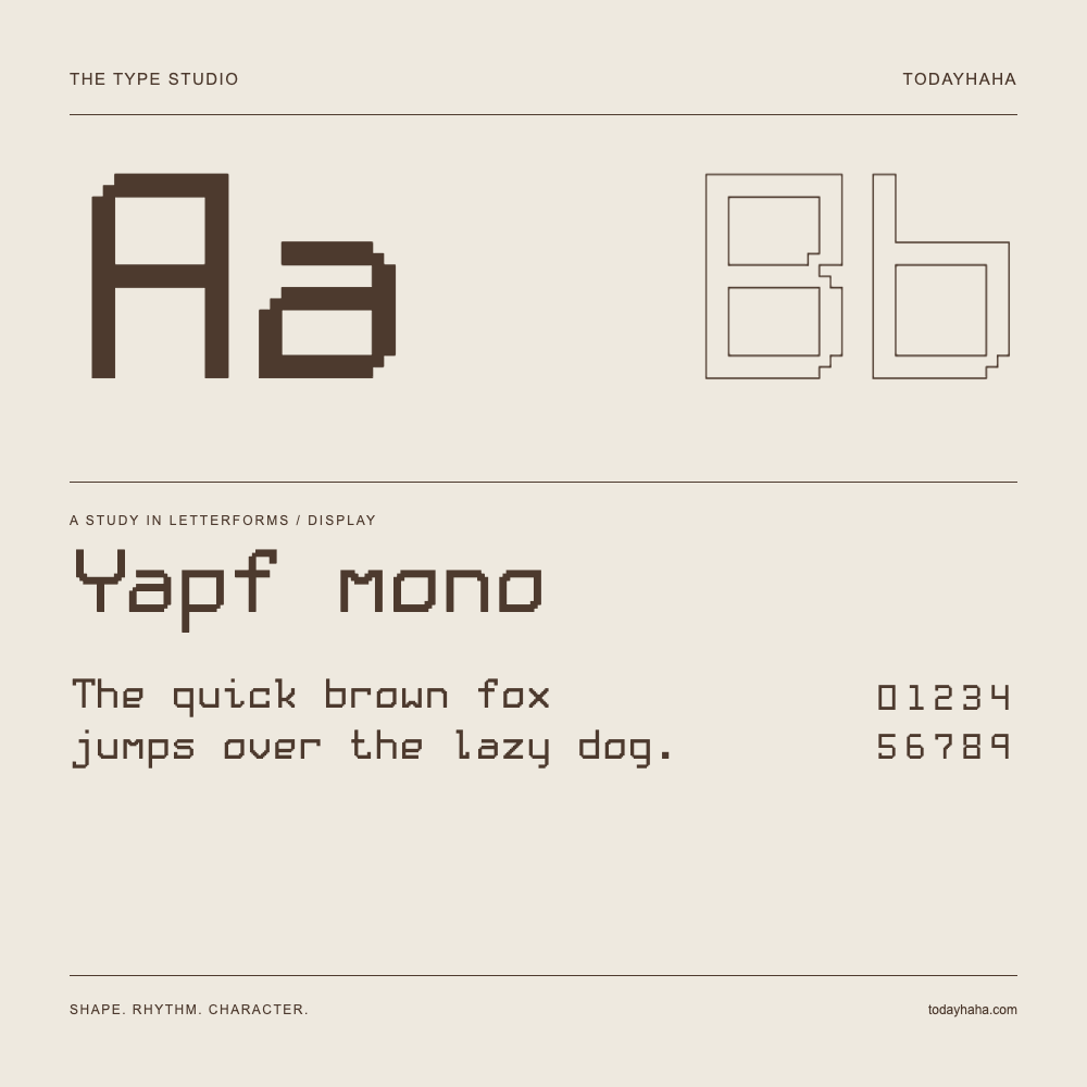 Yapf mono — Letterform study with sample sentence and numbers