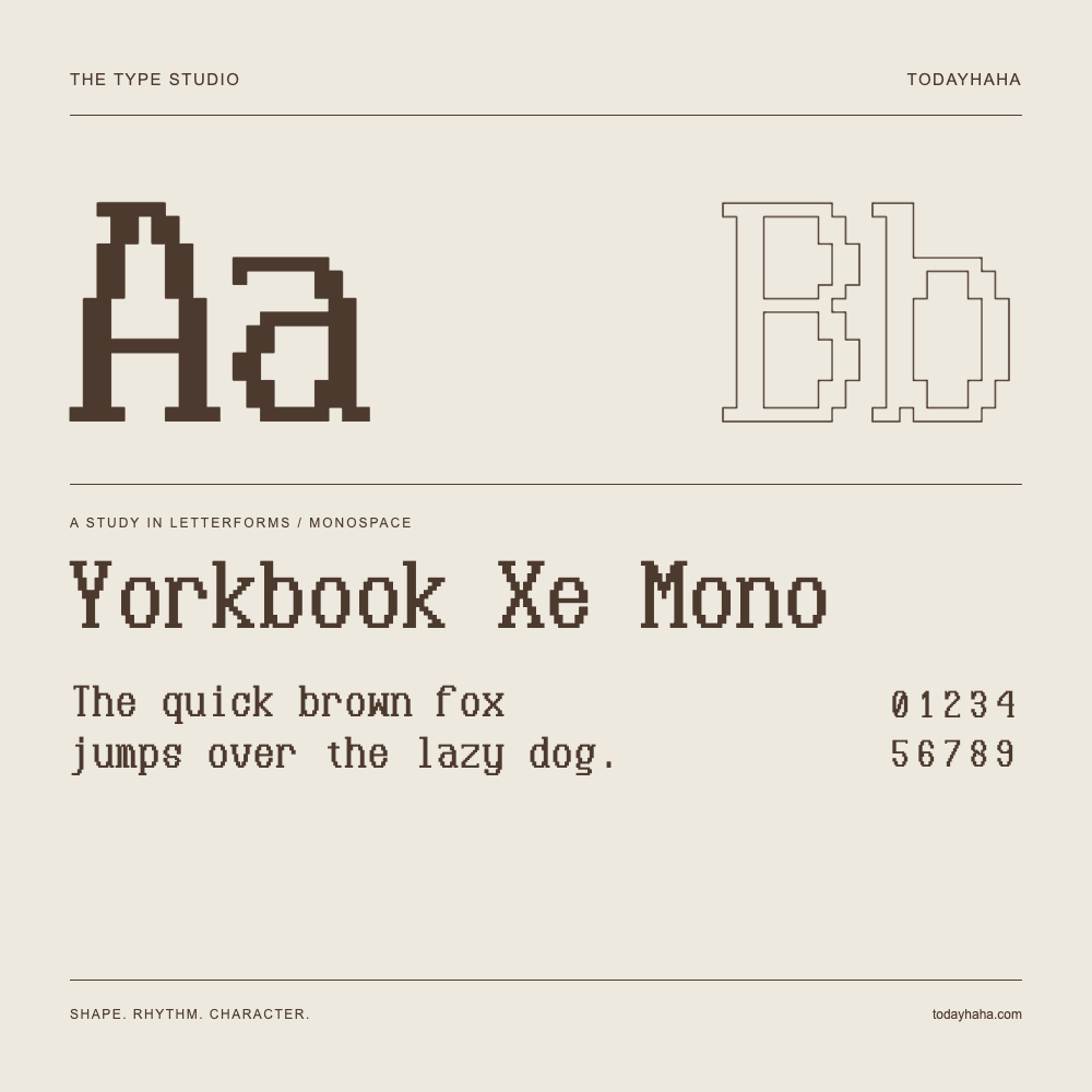 Yorkbook Xe Mono — Letterform study with sample sentence and numbers