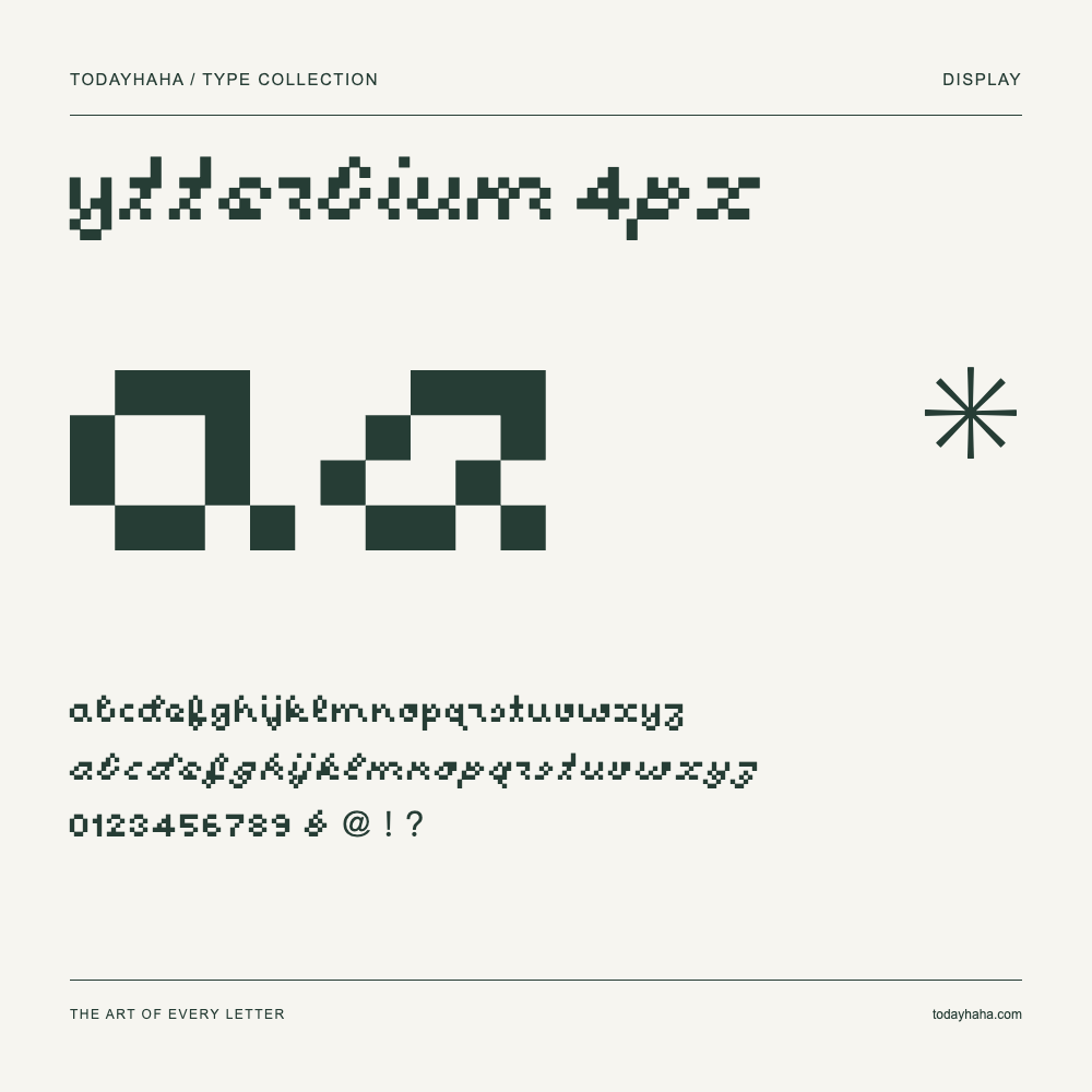 Ytterbium 4px — Font specimen with uppercase and lowercase letters and numbers