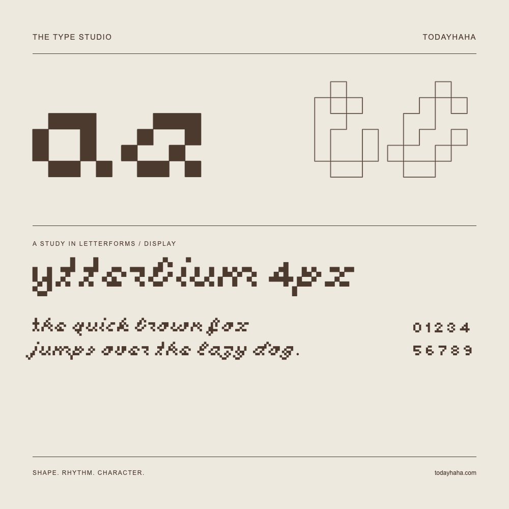 Ytterbium 4px — Letterform study with sample sentence and numbers