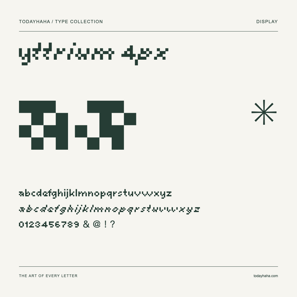 Yttrium 4px — Schriftmuster mit Großbuchstaben, Kleinbuchstaben und Ziffern