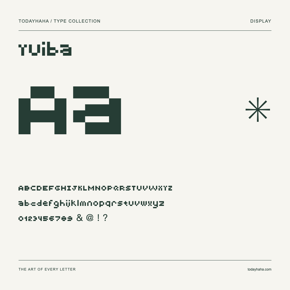 Yuiba — Schriftmuster mit Großbuchstaben, Kleinbuchstaben und Ziffern