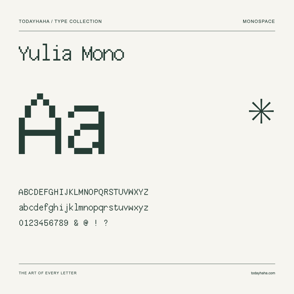 Yulia Mono — Font specimen with uppercase and lowercase letters and numbers