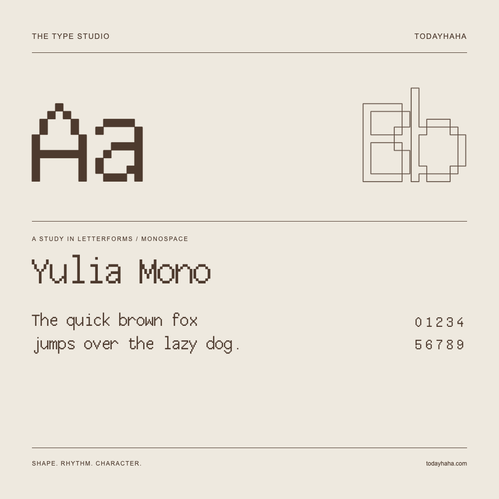 Yulia Mono — Letterform study with sample sentence and numbers