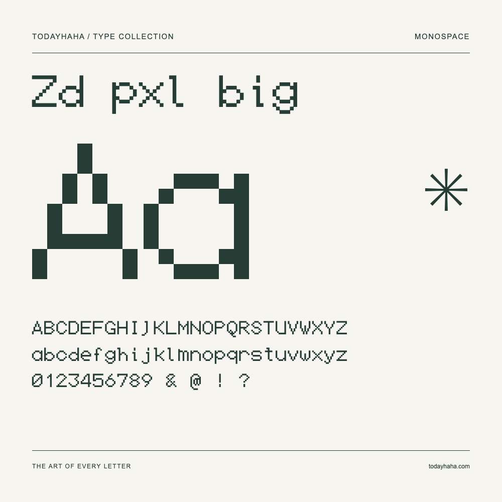 Zd pxl big — Spécimen avec majuscules, minuscules et chiffres