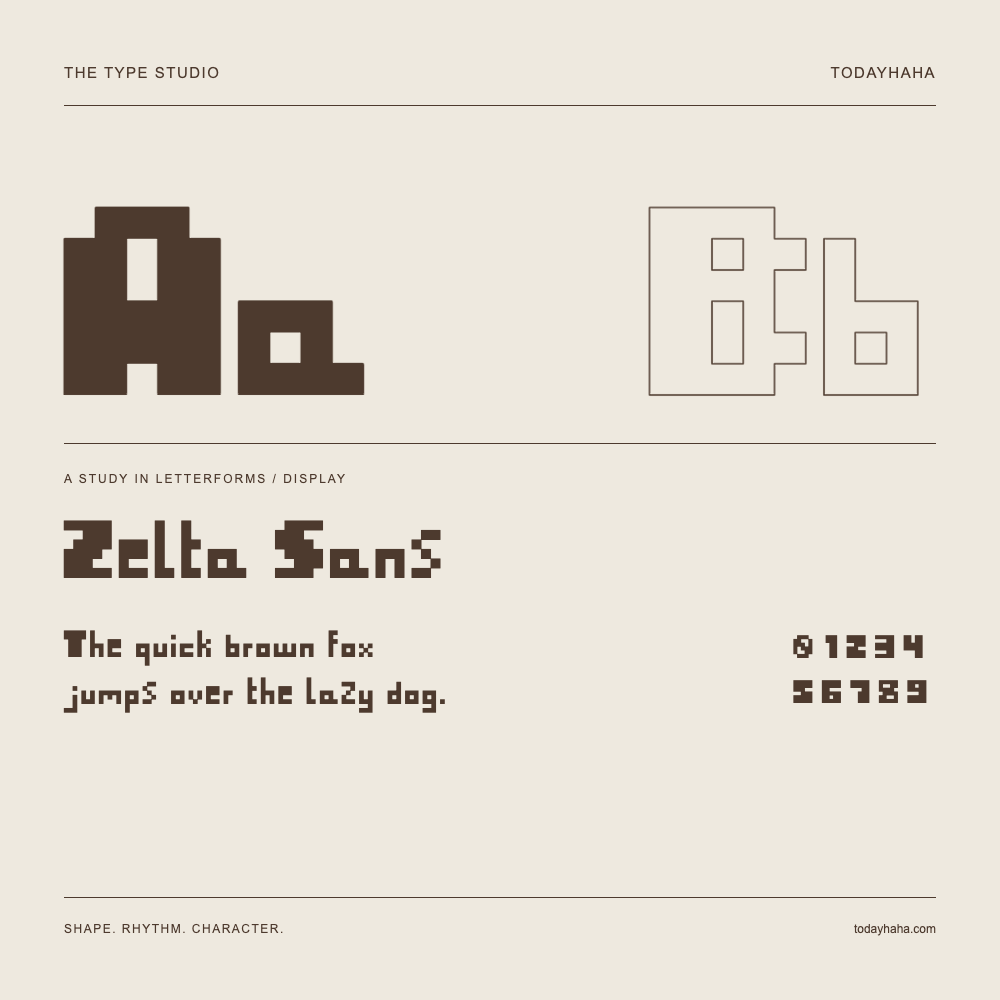 Zelta Sans — Étude des lettres avec une phrase et des chiffres