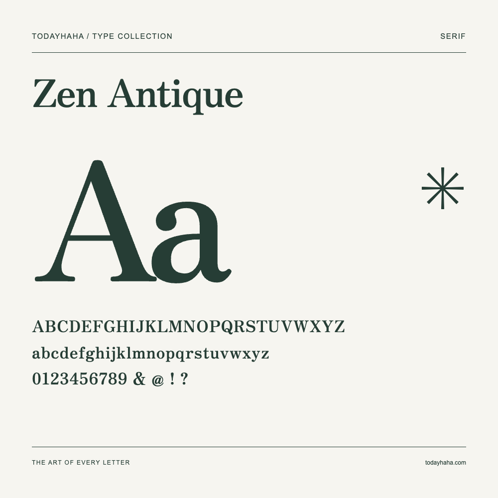 Zen Antique — Campione con lettere maiuscole, minuscole e numeri