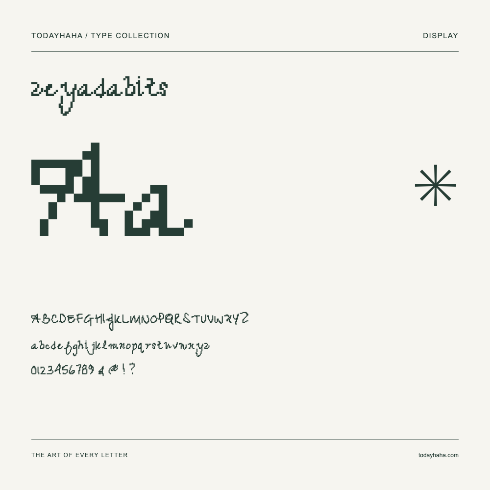 zeyadabits — Font specimen with uppercase and lowercase letters and numbers