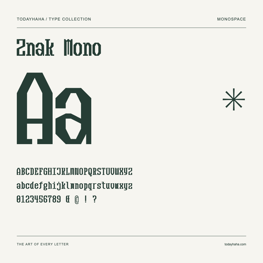Znak Mono — Font specimen with uppercase and lowercase letters and numbers