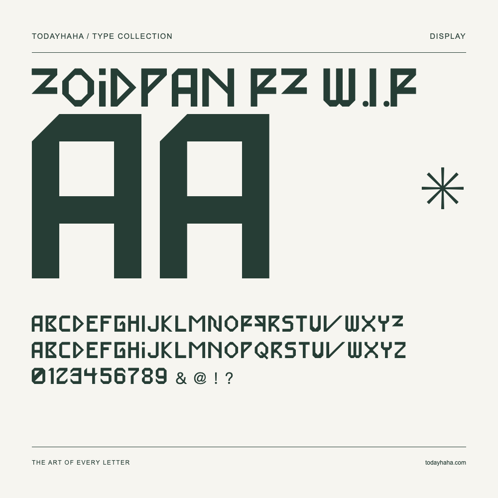 Zoidpan PZ W.I.P — Font specimen with uppercase and lowercase letters and numbers