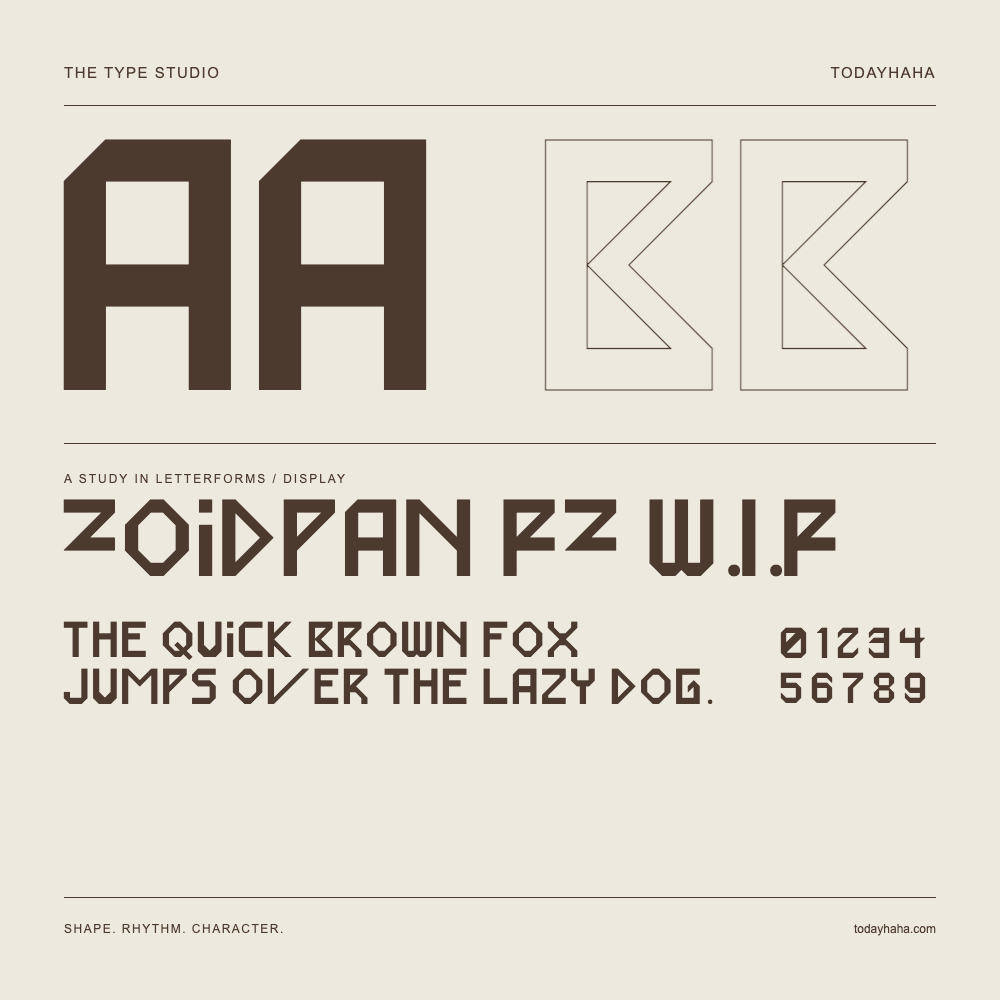 Zoidpan PZ W.I.P — Letterform study with sample sentence and numbers