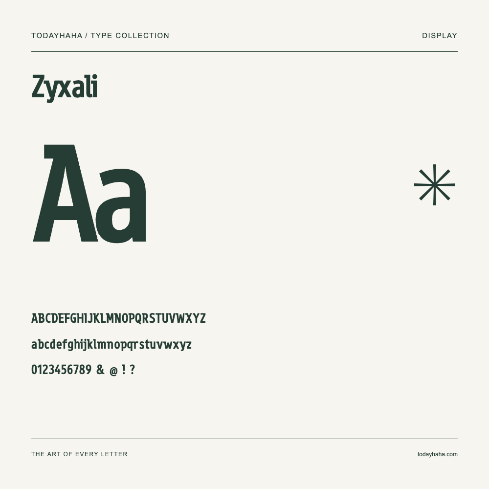 Zyxali — Schriftmuster mit Großbuchstaben, Kleinbuchstaben und Ziffern