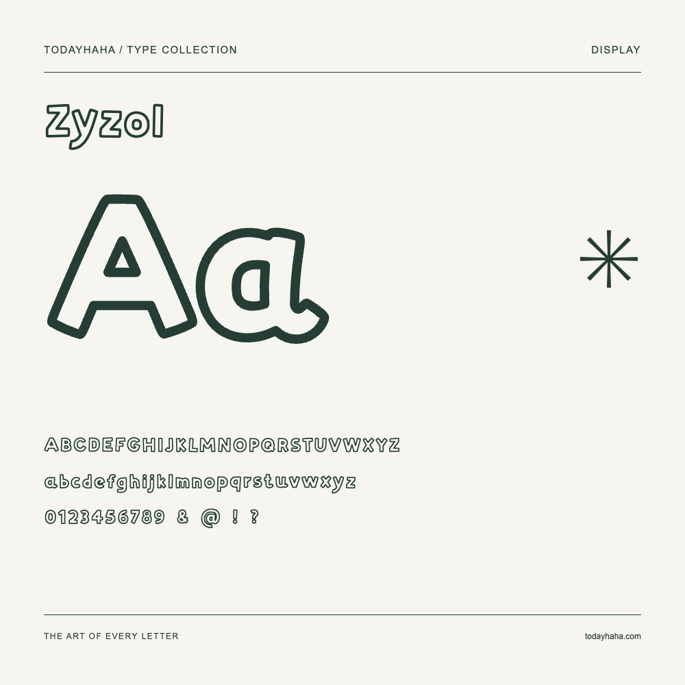 Zyzol — Schriftmuster mit Großbuchstaben, Kleinbuchstaben und Ziffern